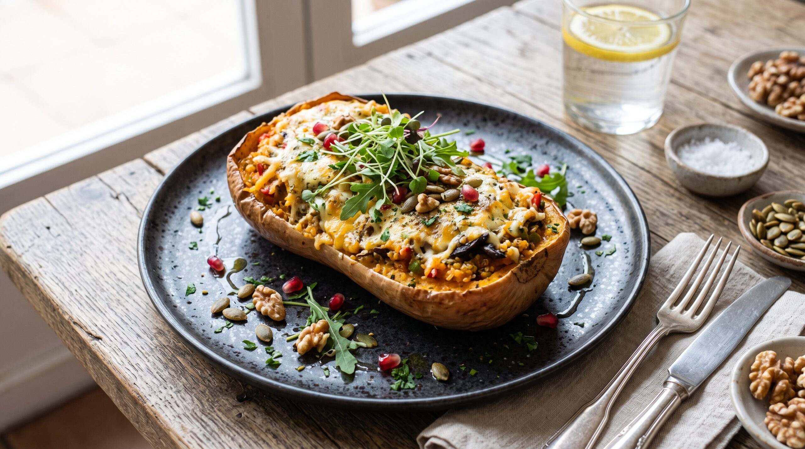 Calabaza rellena de quinoa, verduras, setas y queso gratinado
