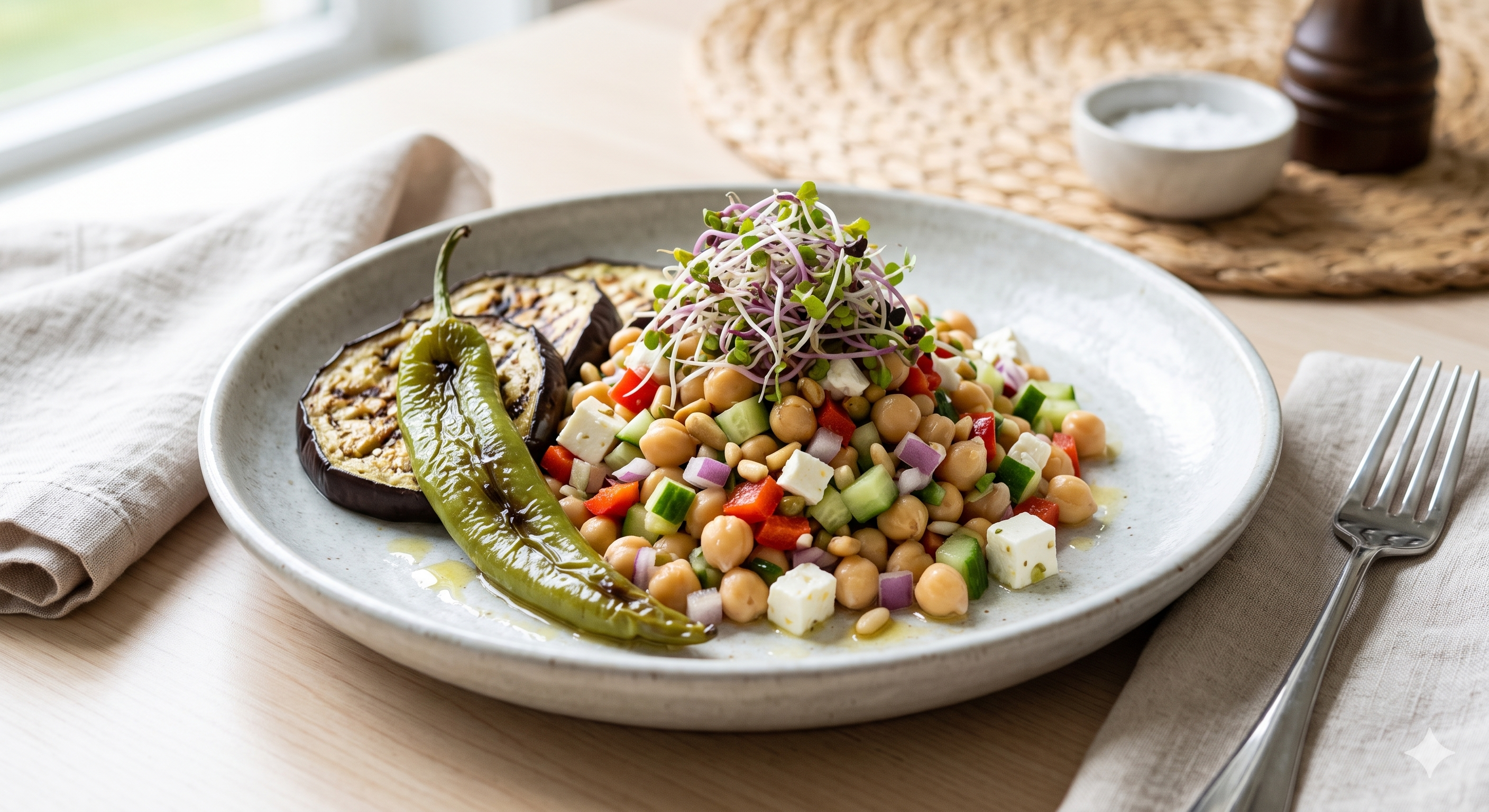 Ensalada fresquita de garbanzos, feta y nueces.