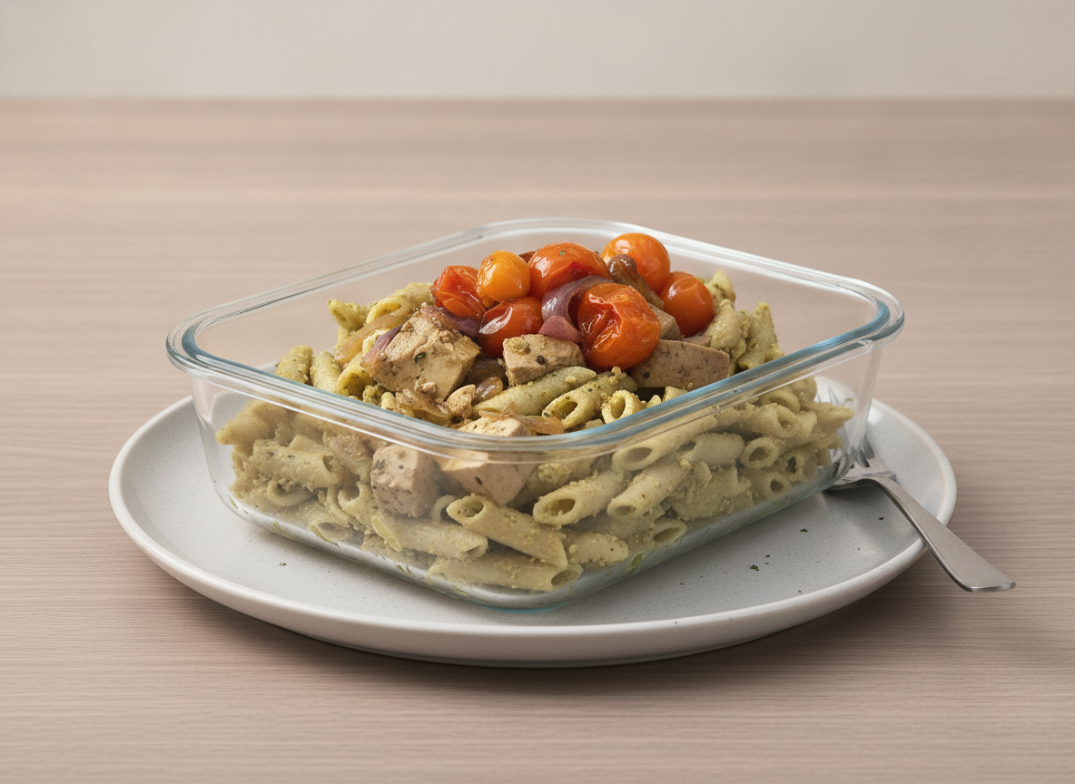 Pasta al pesto de almendra y tofu marinado