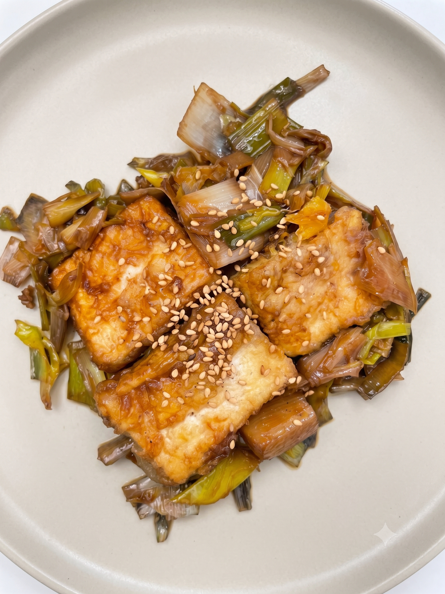 Vichisoisse de calabacín puerro con cebollino. Tofu estilo coreano.