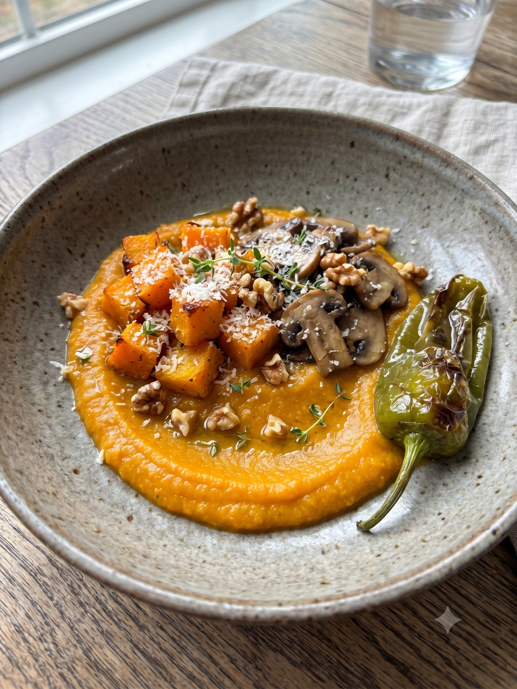 Polenta con calabaza, setas, nueces y queso